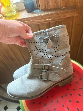 MTNG Taupe Suede Perforated Ankle Boots with Buckles